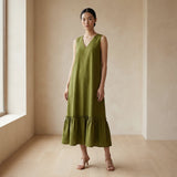 Olive Green 100% Cotton A-Line V-Neck Sleeveless Maxi Tier Dress