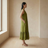 Olive Green 100% Cotton A-Line V-Neck Sleeveless Maxi Tier Dress