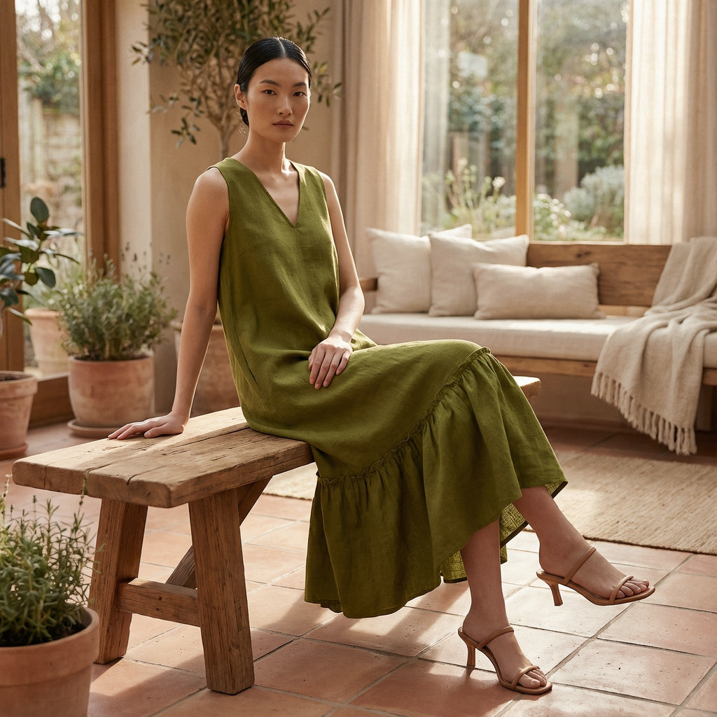 Olive Green 100% Cotton A-Line V-Neck Sleeveless Maxi Tier Dress