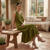 Olive Green 100% Cotton A-Line V-Neck Sleeveless Maxi Tier Dress