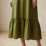 Olive Green 100% Cotton A-Line V-Neck Sleeveless Maxi Tier Dress