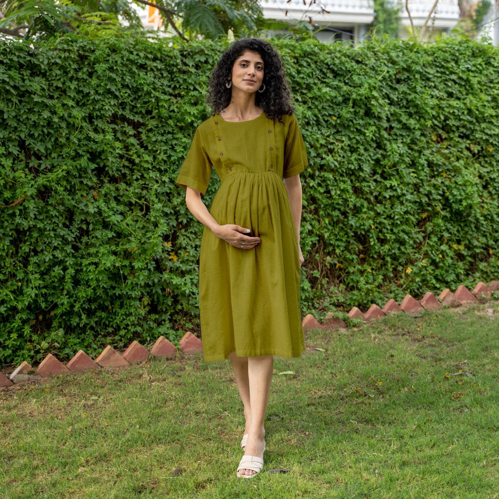 Olive Green 100% Cotton Button-Down Knee Length Pre and Post Maternity Dress