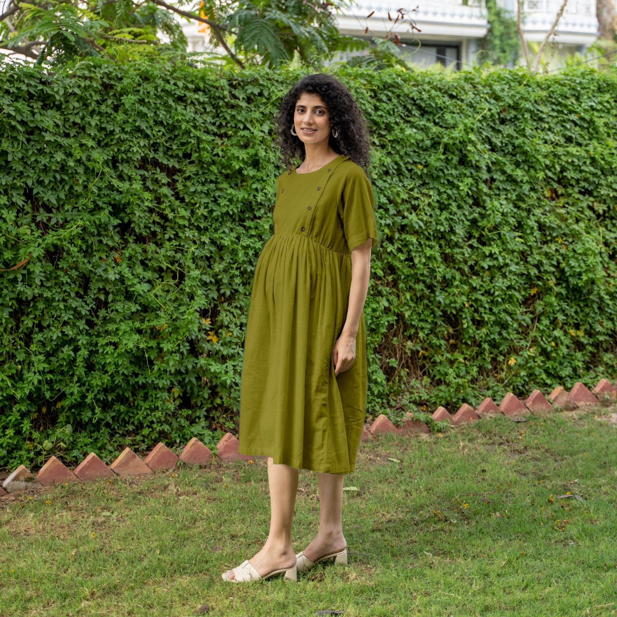Olive Green 100% Cotton Button-Down Knee Length Pre and Post Maternity Dress