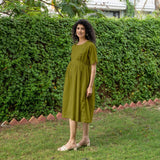 Olive Green 100% Cotton Button-Down Knee Length Pre and Post Maternity Dress