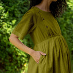 Olive Green 100% Cotton Button-Down Knee Length Pre and Post Maternity Dress