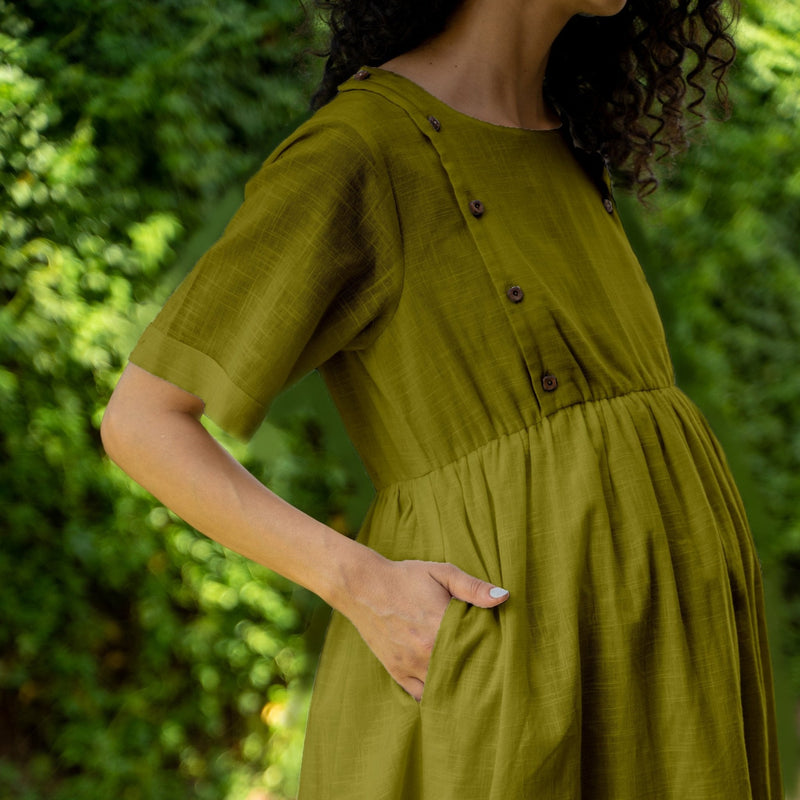 Olive Green 100% Cotton Button-Down Knee Length Pre and Post Maternity Dress