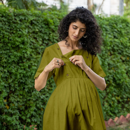 Olive Green 100% Cotton Button-Down Knee Length Pre and Post Maternity Dress