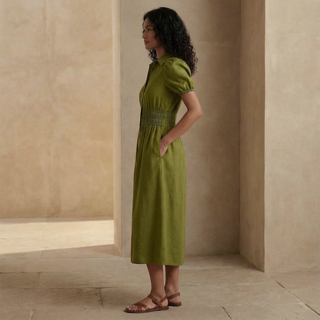 Olive Green 100% Cotton Button-Down Midi Shirt Dress
