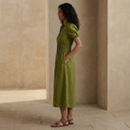 Olive Green 100% Cotton Button-Down Midi Shirt Dress