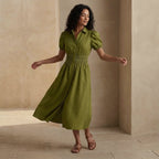 Olive Green 100% Cotton Button-Down Midi Shirt Dress