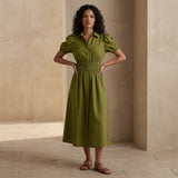 Olive Green 100% Cotton Button-Down Midi Shirt Dress