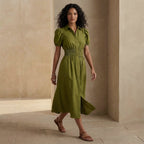 Olive Green 100% Cotton Button-Down Midi Shirt Dress
