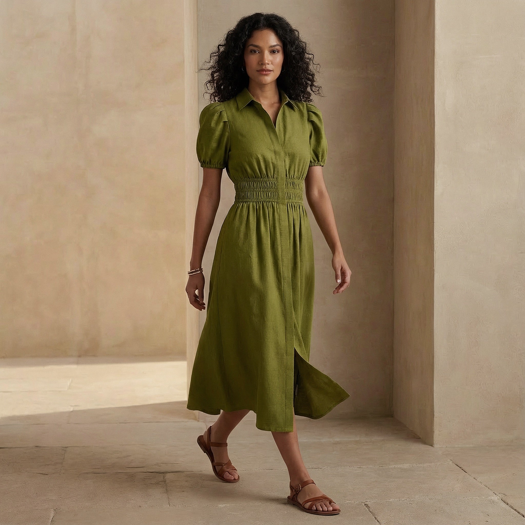 Olive Green 100% Cotton Button-Down Midi Shirt Dress