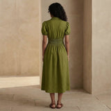 Olive Green 100% Cotton Button-Down Midi Shirt Dress