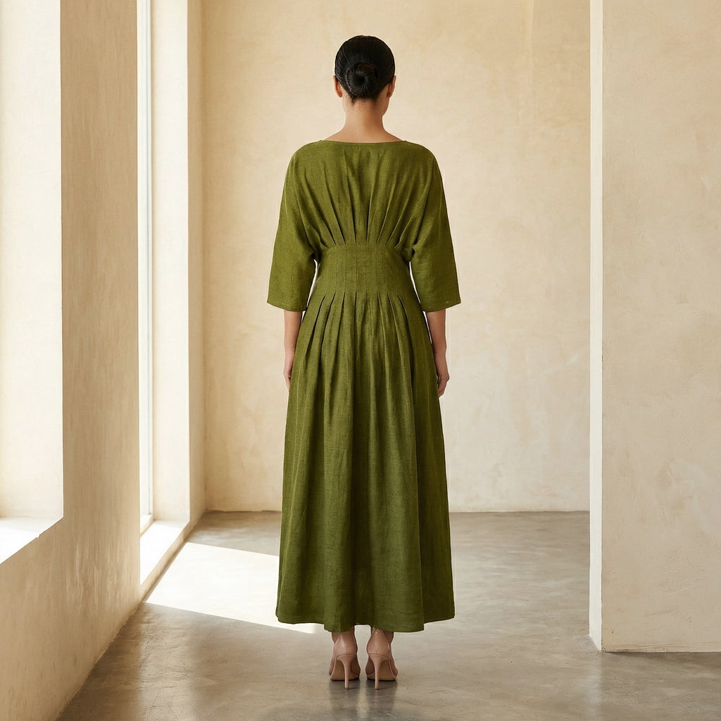 Olive Green 100% Cotton Cinched Waist Flared Maxi Dress