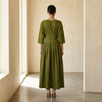 Olive Green 100% Cotton Cinched Waist Flared Maxi Dress