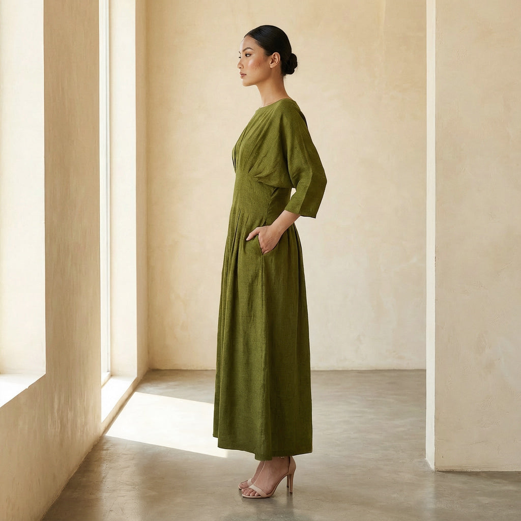 Olive Green 100% Cotton Cinched Waist Flared Maxi Dress