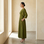 Olive Green 100% Cotton Cinched Waist Flared Maxi Dress