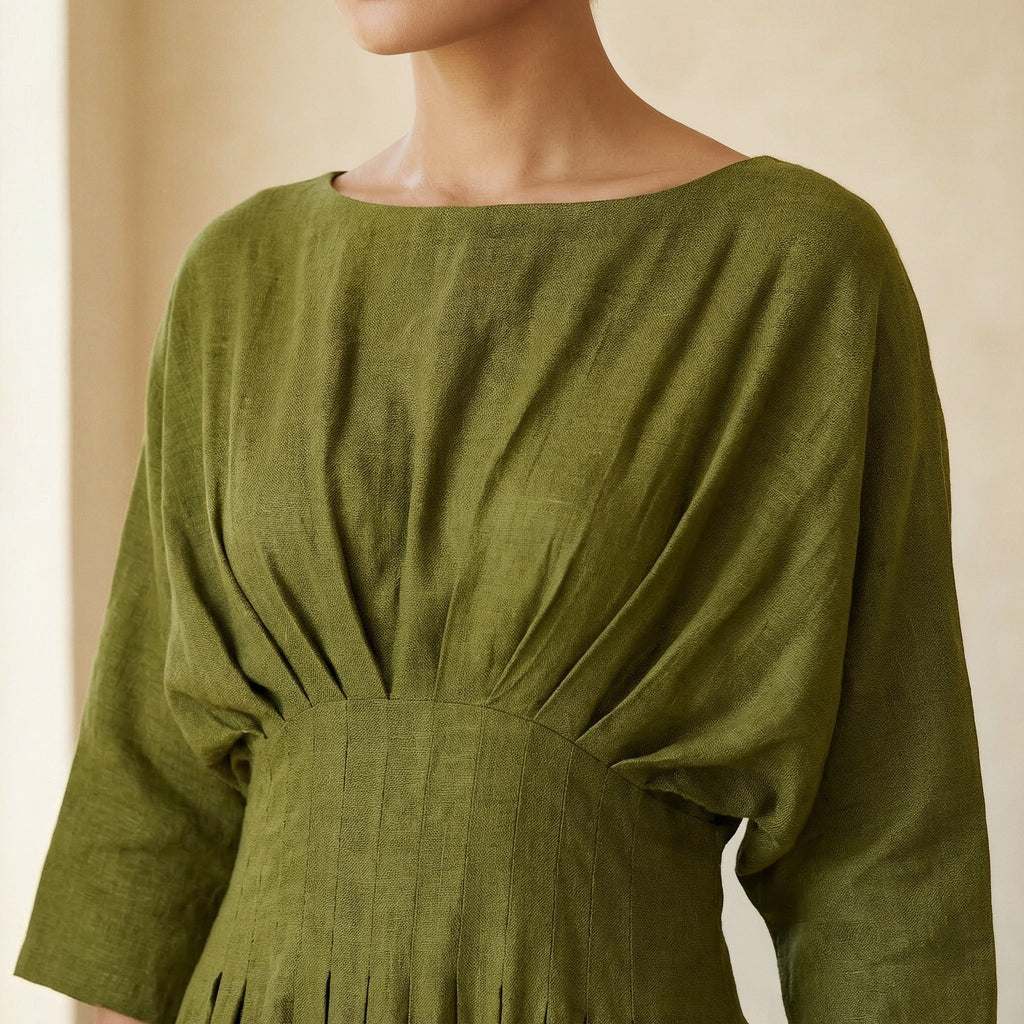Olive Green 100% Cotton Cinched Waist Flared Maxi Dress