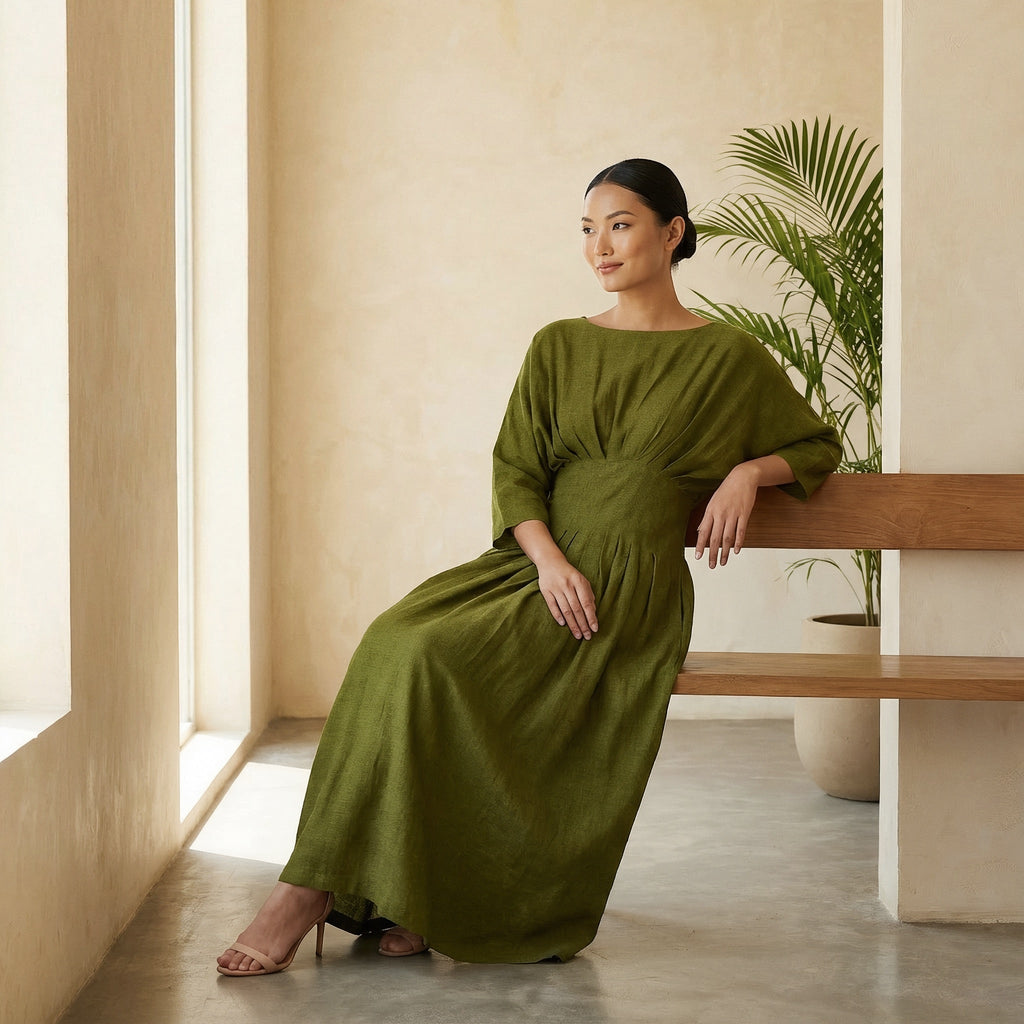 Olive Green 100% Cotton Cinched Waist Flared Maxi Dress