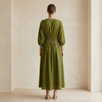 Olive Green 100% Cotton Deep-V Neck Empire Waist Maxi Dress
