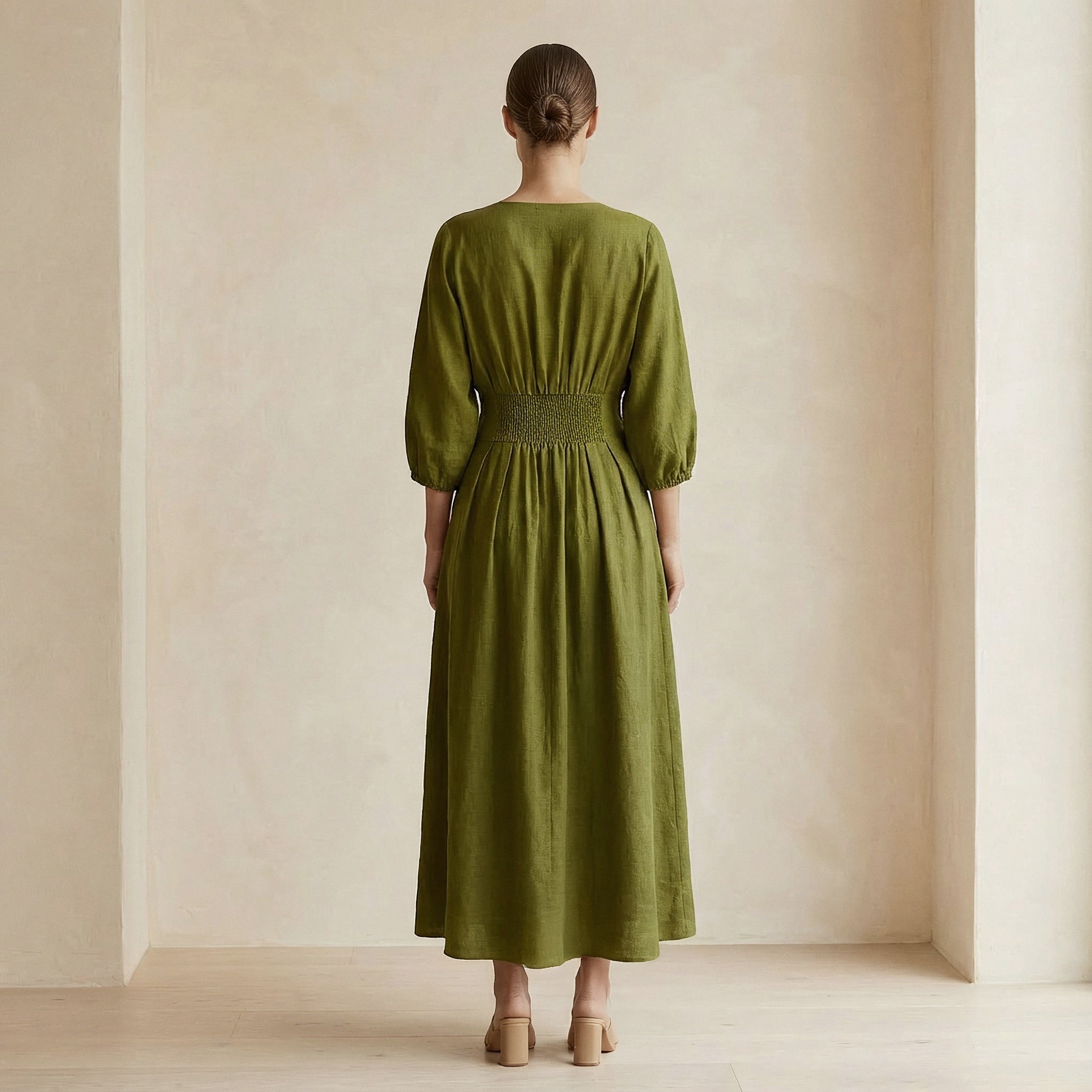 Olive Green 100% Cotton Deep-V Neck Empire Waist Maxi Dress