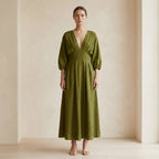 Olive Green 100% Cotton Deep-V Neck Empire Waist Maxi Dress