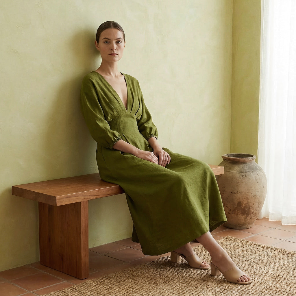 Olive Green 100% Cotton Deep-V Neck Empire Waist Maxi Dress