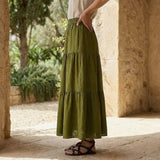 Olive Green 100% Cotton Elasticated Maxi Tier Skirt