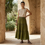 Olive Green 100% Cotton Elasticated Maxi Tier Skirt