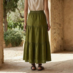 Olive Green 100% Cotton Elasticated Maxi Tier Skirt