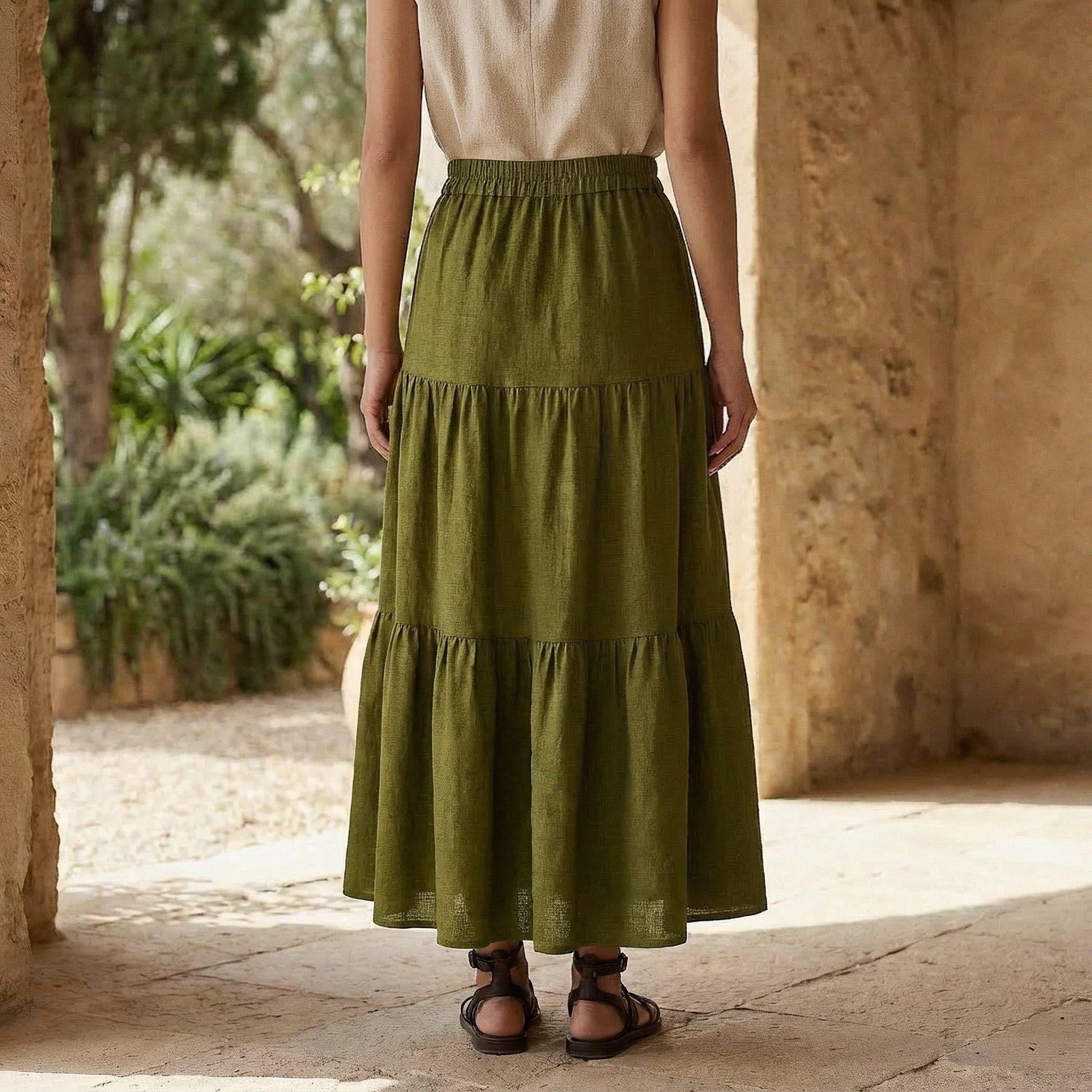 Olive Green 100% Cotton Elasticated Maxi Tier Skirt