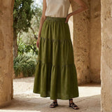 Olive Green 100% Cotton Elasticated Maxi Tier Skirt