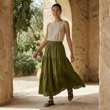 Olive Green 100% Cotton Elasticated Maxi Tier Skirt
