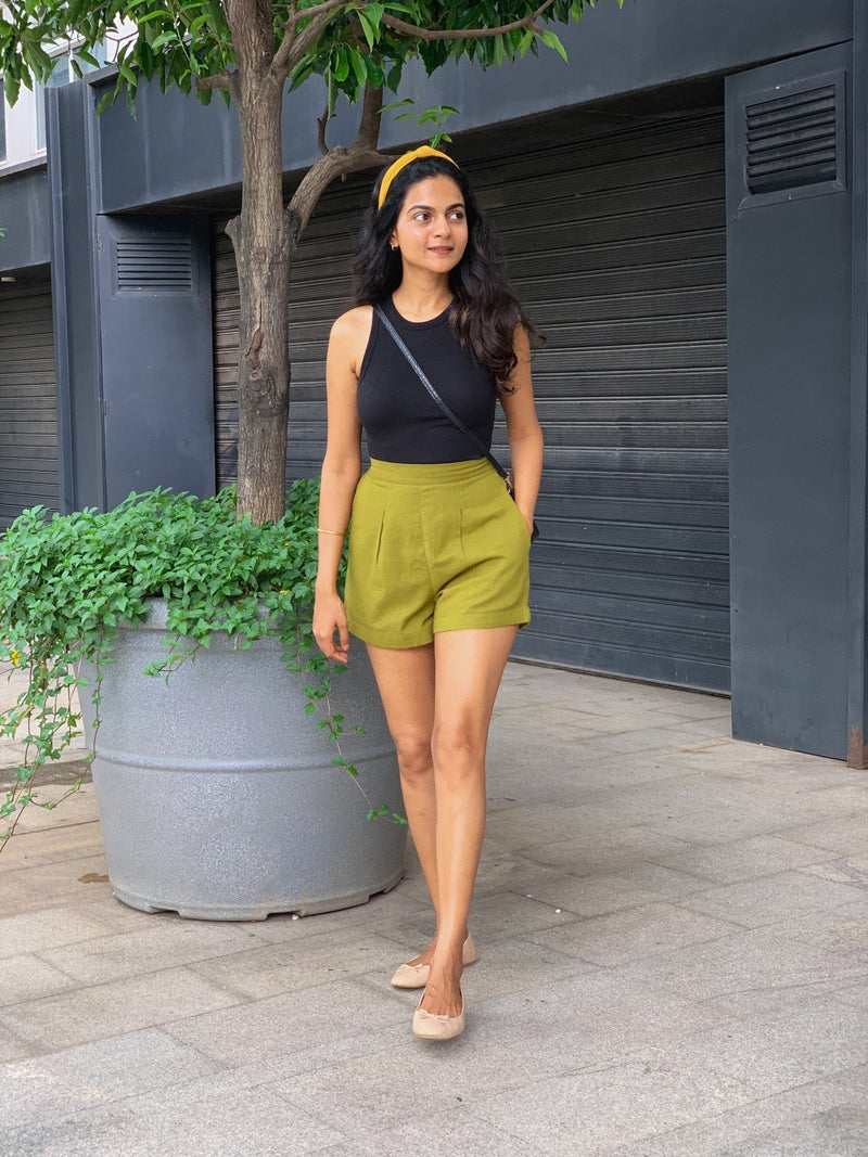 Olive Green 100% Cotton Elasticated Shorts