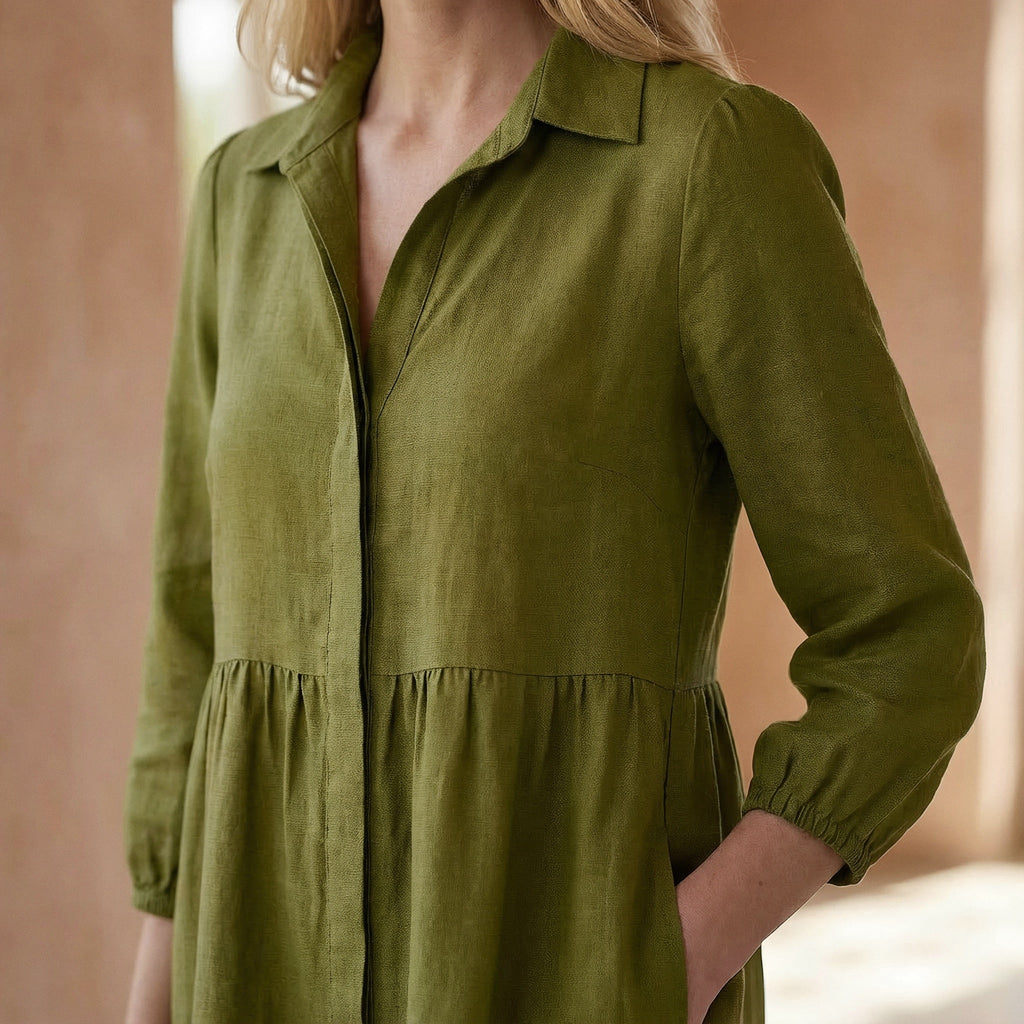Olive Green 100% Cotton Short Shirt Dress