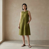 Olive Green 100% Cotton Sleeveless Paneled Swing Dress