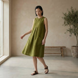 Olive Green 100% Cotton Sleeveless Paneled Swing Dress