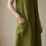 Olive Green 100% Cotton Sleeveless Paneled Swing Dress