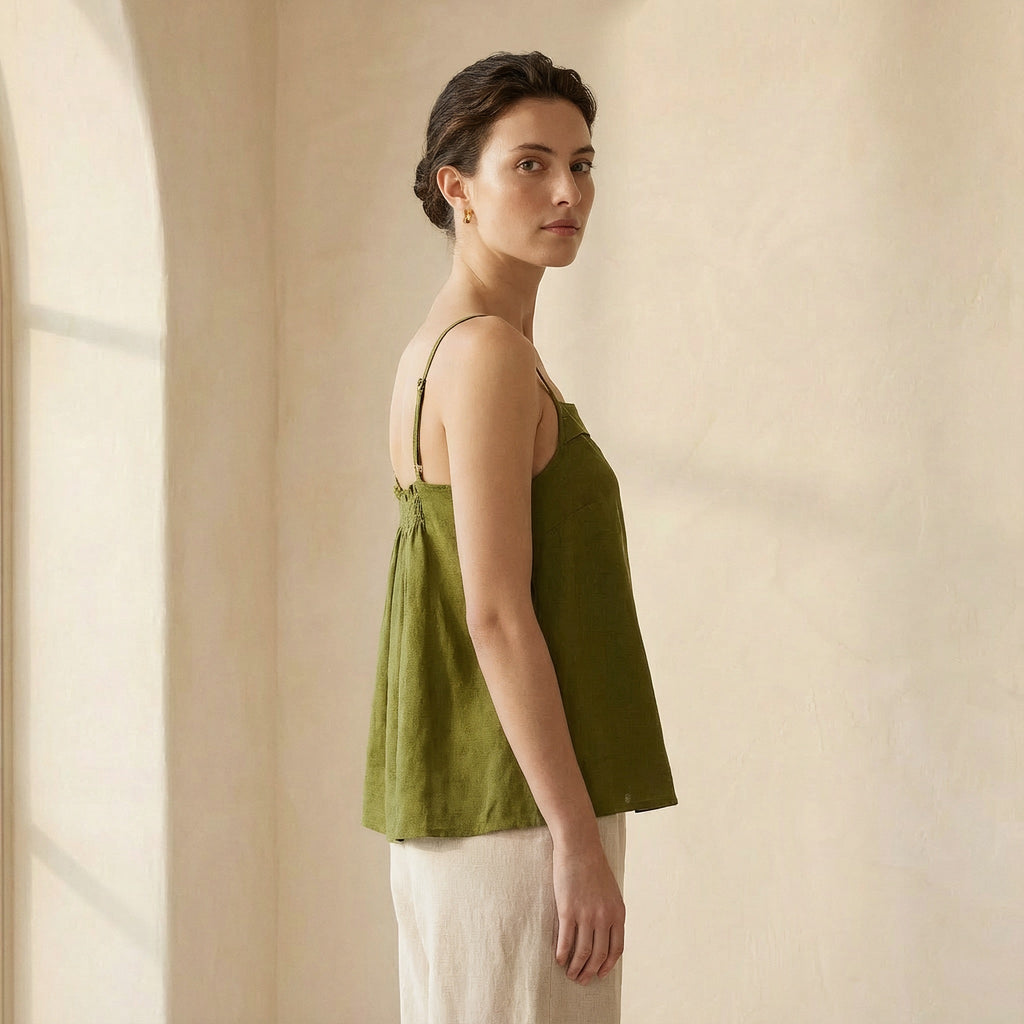 Olive Green 100% Cotton Spaghetti Strap Top with Elastic Gathered Back
