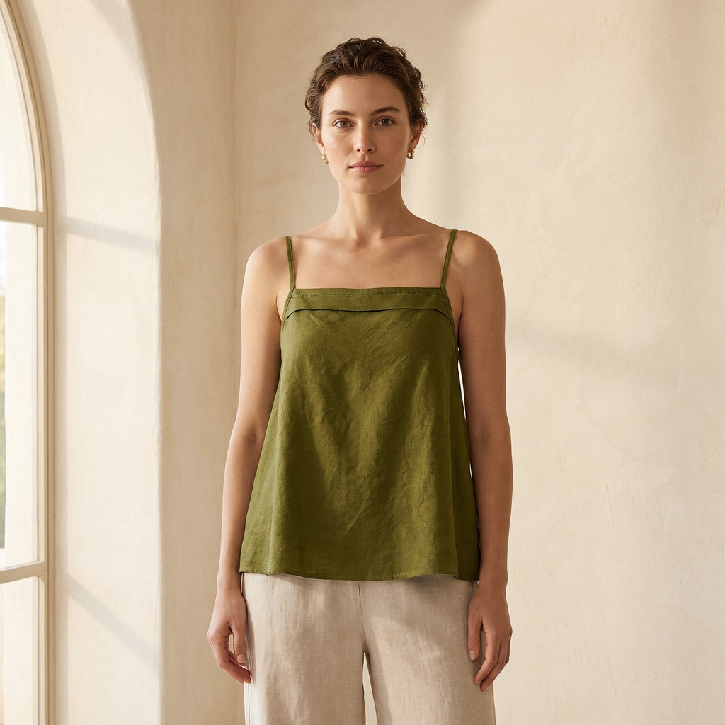 Olive Green 100% Cotton Spaghetti Strap Top with Elastic Gathered Back