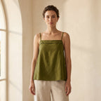 Olive Green 100% Cotton Spaghetti Strap Top with Elastic Gathered Back