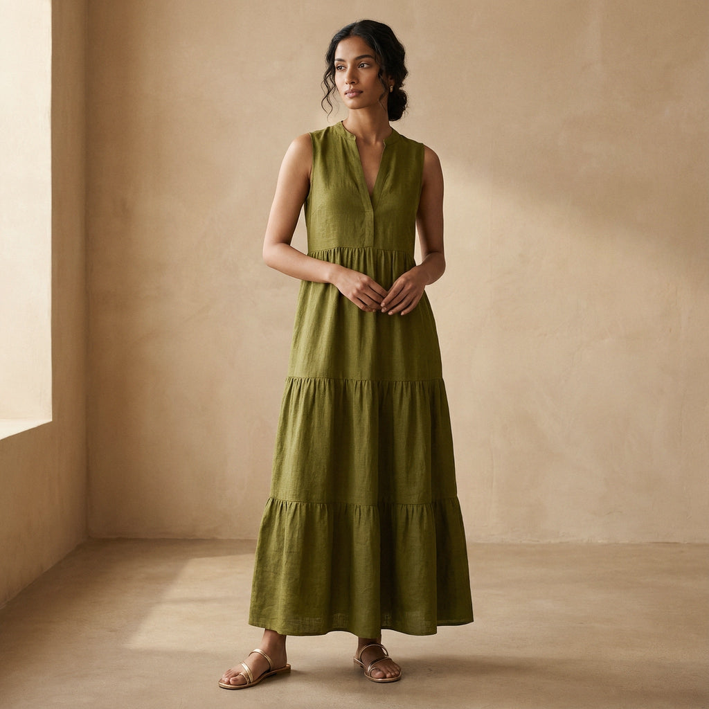 Olive Green 100% Cotton V-Neck Maxi Tier Dress