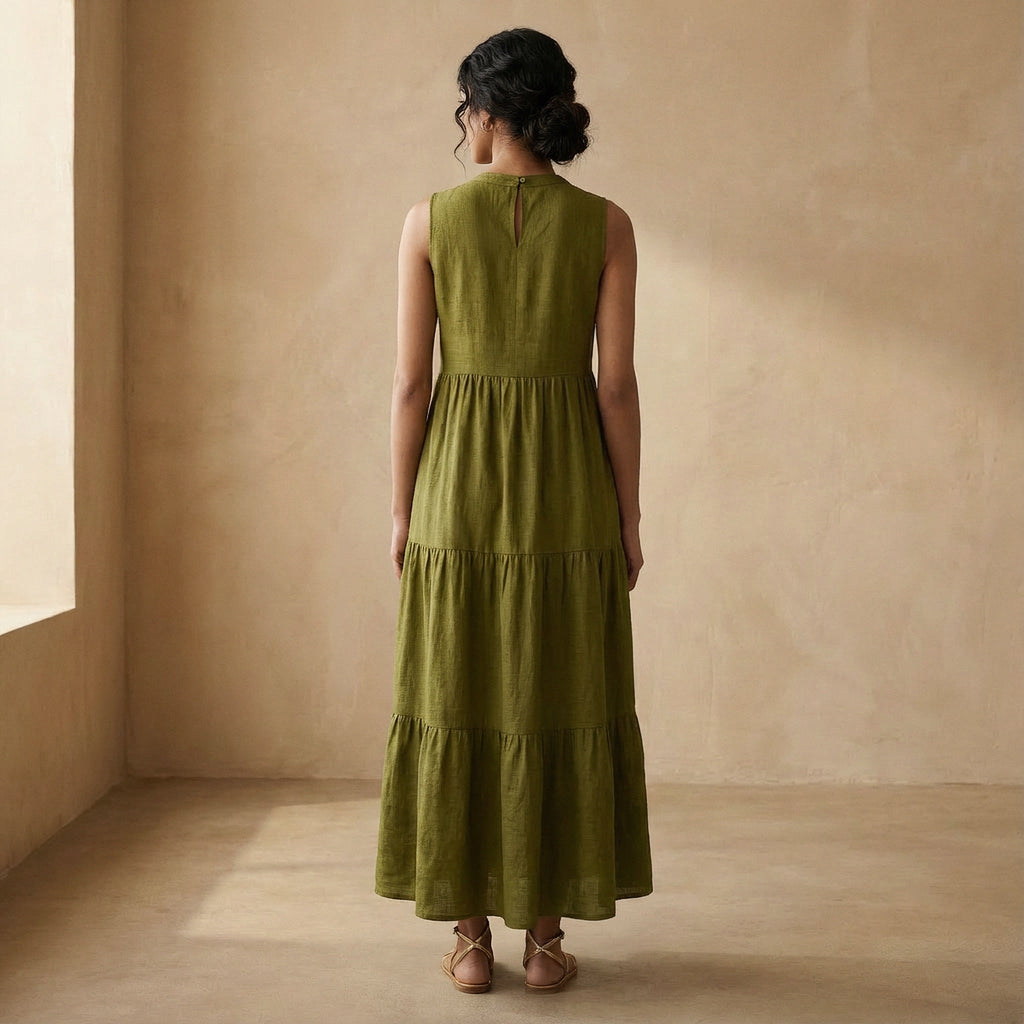 Olive Green 100% Cotton V-Neck Maxi Tier Dress