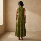 Olive Green 100% Cotton V-Neck Maxi Tier Dress