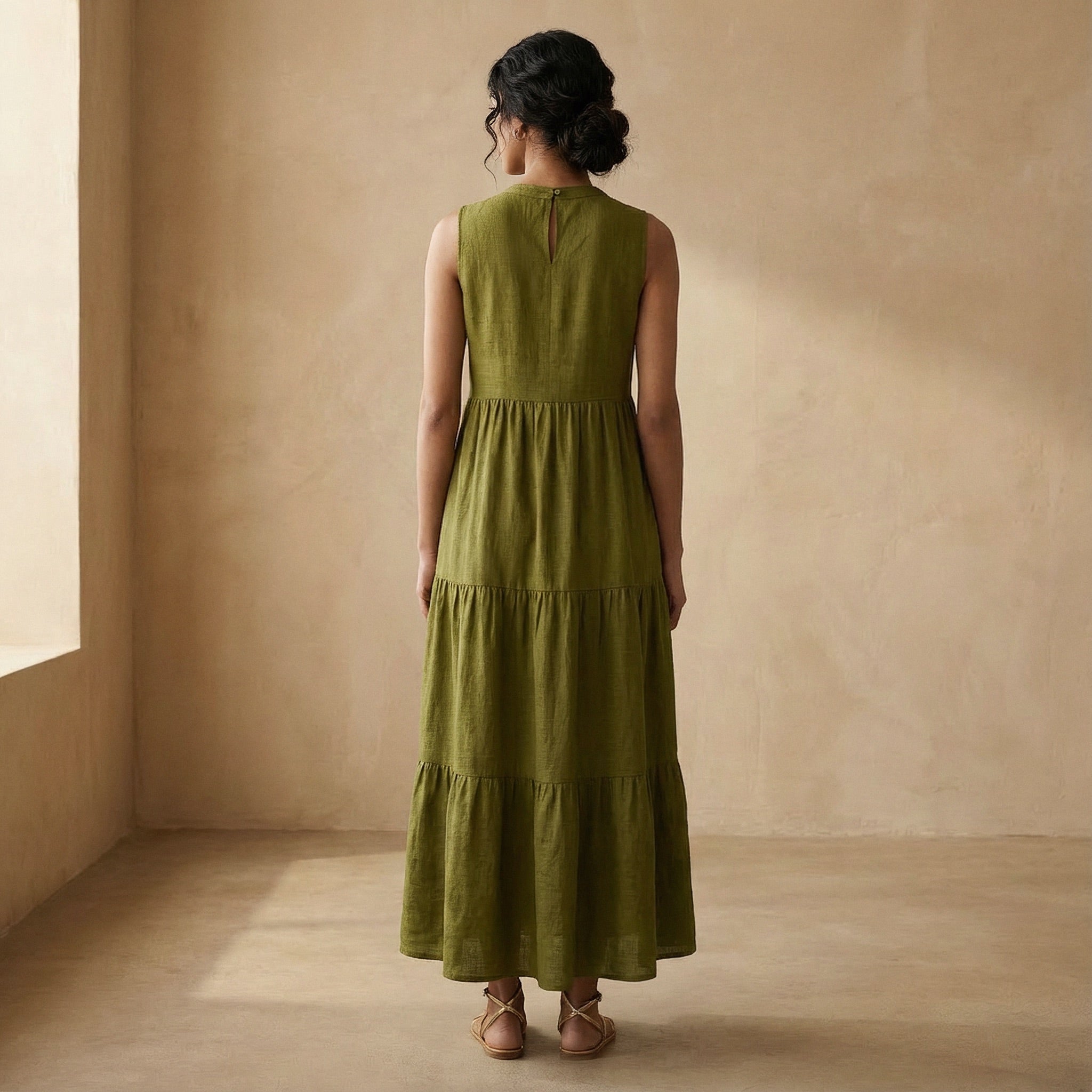 Olive Green 100% Cotton V-Neck Maxi Tier Dress