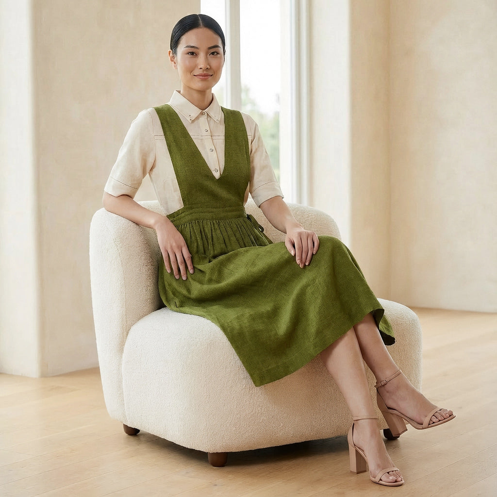 Olive Green 100% Cotton V-Neck Pinafore Midi Wrap Dress