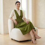 Olive Green 100% Cotton V-Neck Pinafore Midi Wrap Dress