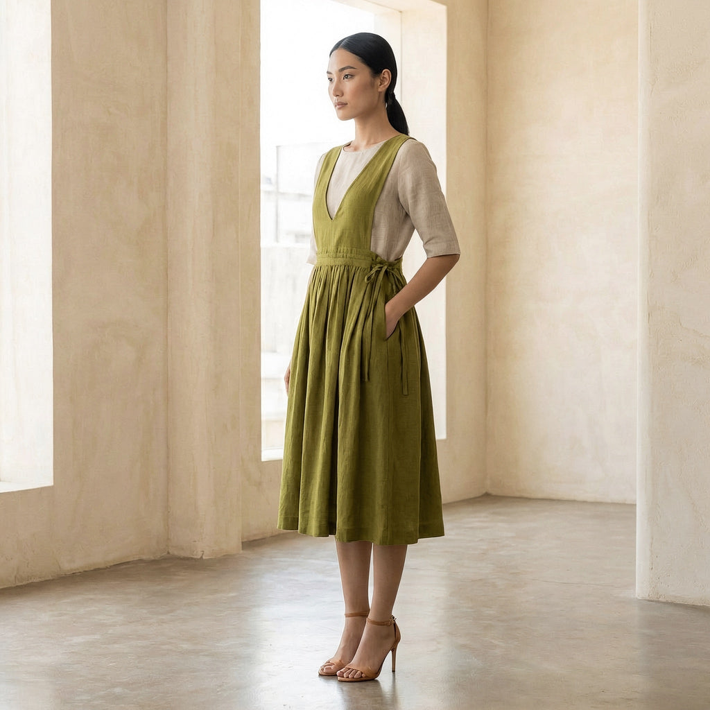 Olive Green 100% Cotton V-Neck Pinafore Midi Wrap Dress