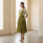Olive Green 100% Cotton V-Neck Pinafore Midi Wrap Dress